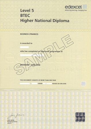 BTEC HND证书样本